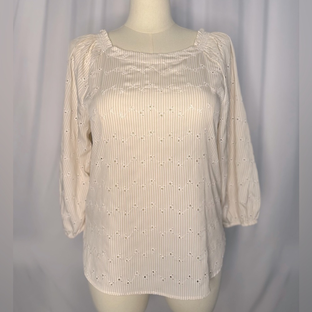 Loft Smocked Shoulder Pale Yellow Eyelet Women's Blouse (641)